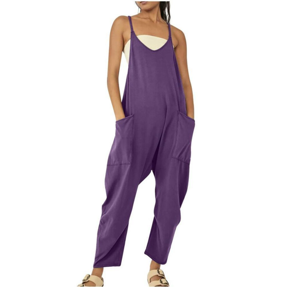 (4XL, dark purple) 2024 Women's Solid Color Zipper Jumpsuit With Patch Pockets And Adjustable Straps-image-OPC-PHF7MXN-NEW