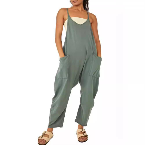 (M, navy blue) 2024 Women's Solid Color Zipper Jumpsuit With Patch Pockets And Adjustable Straps 2