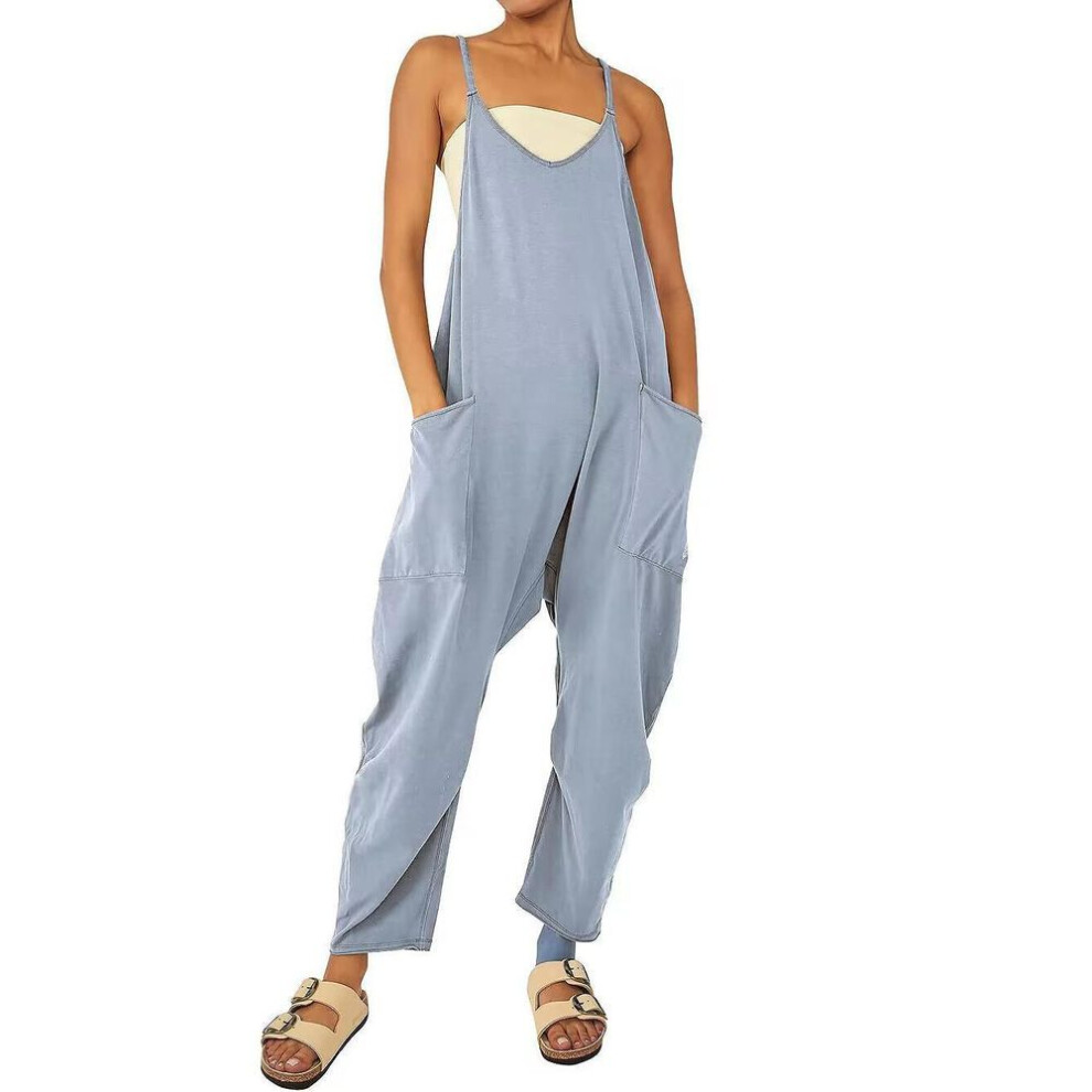 (L, light blue) 2024 Women's Solid Color Zipper Jumpsuit With Patch Pockets And Adjustable Straps-image-OPC-PHF7MYV-NEW