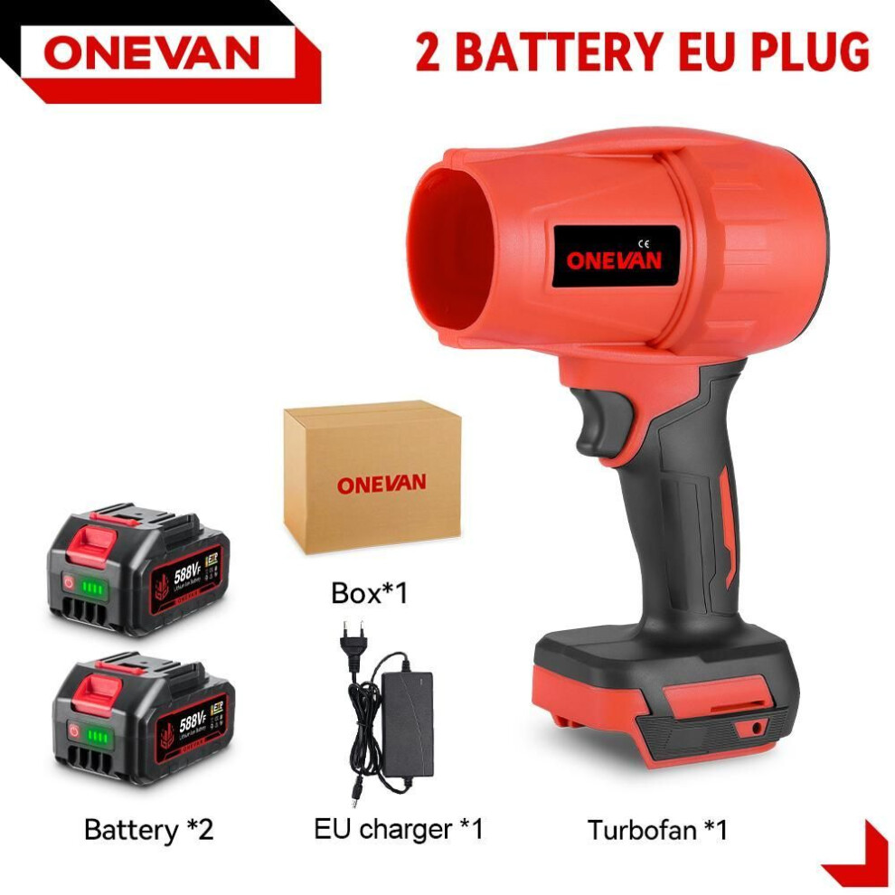(2 Battery-EU) Onevan 2000w Brushless Turbo Jet Fan 200m/s Cordless Electric Air Blower Violent Handheld Power Tool For Makita 18v Battery