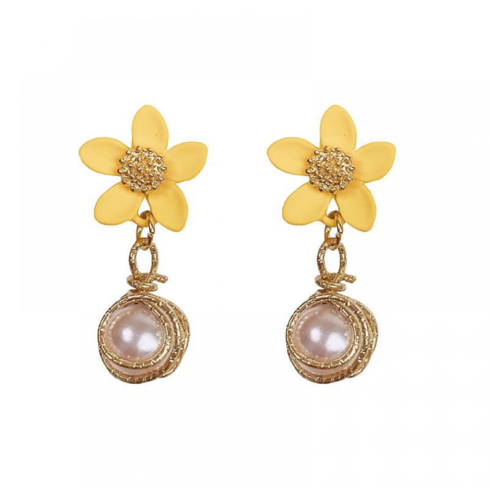 Boucles d'oreilles en argent S925 avec perles de fleurs jaunes