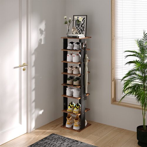 Living And Home (Brown,28cm W) 8-Tier Shoe Rack with Side Hooks 2