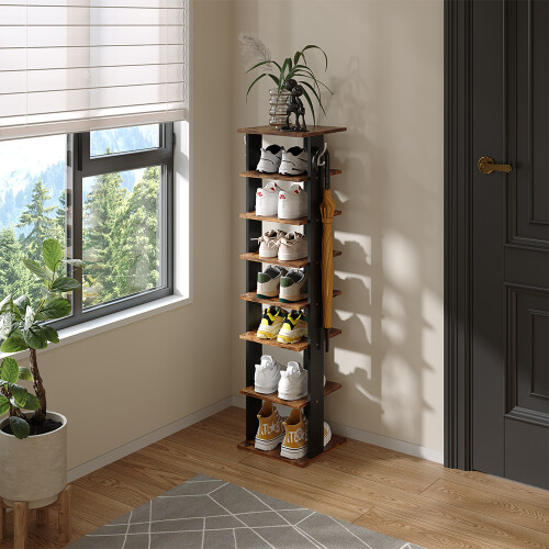 Living And Home (Brown,28cm W) 8-Tier Shoe Rack with Side Hooks