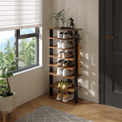 Living And Home (Brown,50cm W) 8-Tier Shoe Rack with Side Hooks 2