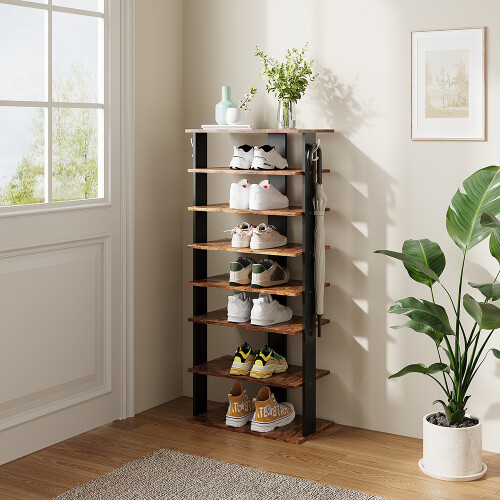 Living And Home (Brown,50cm W) 8-Tier Shoe Rack with Side Hooks