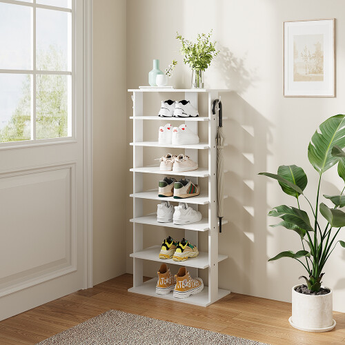 Living And Home (White,50cm W) 8-Tier Shoe Rack with Side Hooks