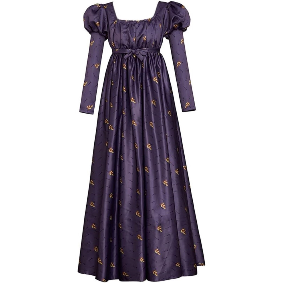 (XL) Regency Empire Jane Austen Vintage High Waistline Tea Party Ball Gown Purple Floral Puffy Sleeve Dress