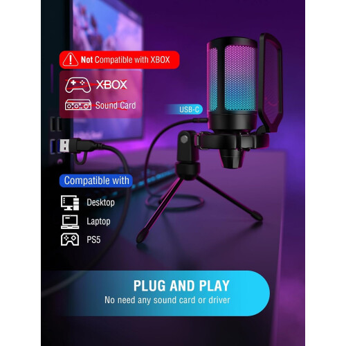 Gaming USB Microphone for PC PS5, RGB Condenser Microphone 2