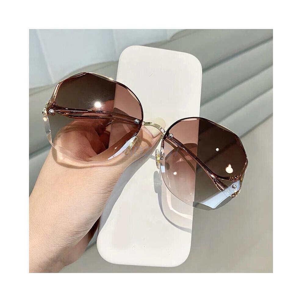 (Coffee) Lady Rimless Sunglasses Fashion Oversized Outdoor Gradient Shades Uv400 Glasses Brown