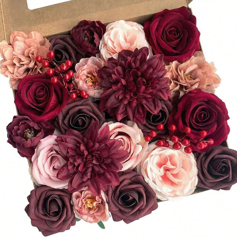 (burgundy) Artificial Flowers Combo Flowers Mix Silk Flowers Roses Peonies With Stems For Diy Wedding Bridal Bouquets Baby Shower Table Centerpieces Home Decor