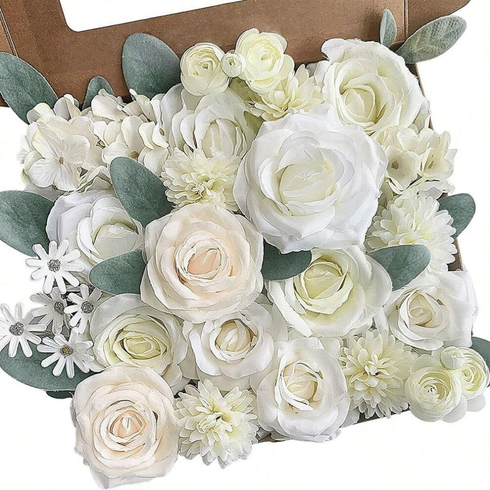 (white) Artificial Flowers Combo Flowers Mix Silk Flowers Roses Peonies With Stems For Diy Wedding Bridal Bouquets Baby Shower Table Centerpieces Home Decor