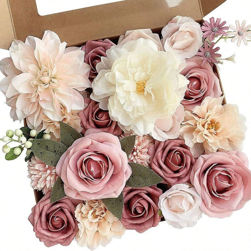 (dark pink) Artificial Flowers Combo Flowers Mix Silk Flowers Roses Peonies With Stems For Diy Wedding Bridal Bouquets Baby Shower Table Centerpieces Home Decor