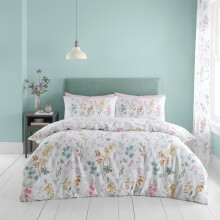 (King, White) Catherine Lansfield Emilia White Duvet Cover Set Reversible Floral Bedding Set