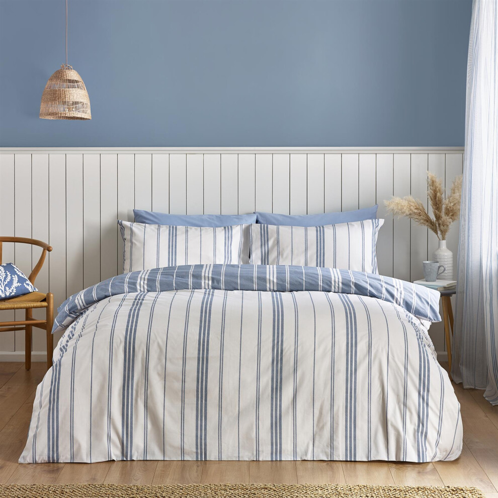 (Super King, Blue) Catherine Lansfield Harbour Stripe Blue Stripes Coastal Bedding Bed Set