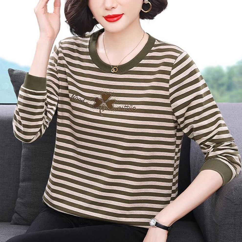 (M, green) Women's Spring And Autumn T-shirts Loose Long-sleeved Bottoming Shirts 2 New Large Size Striped Round Neck Tops Trend