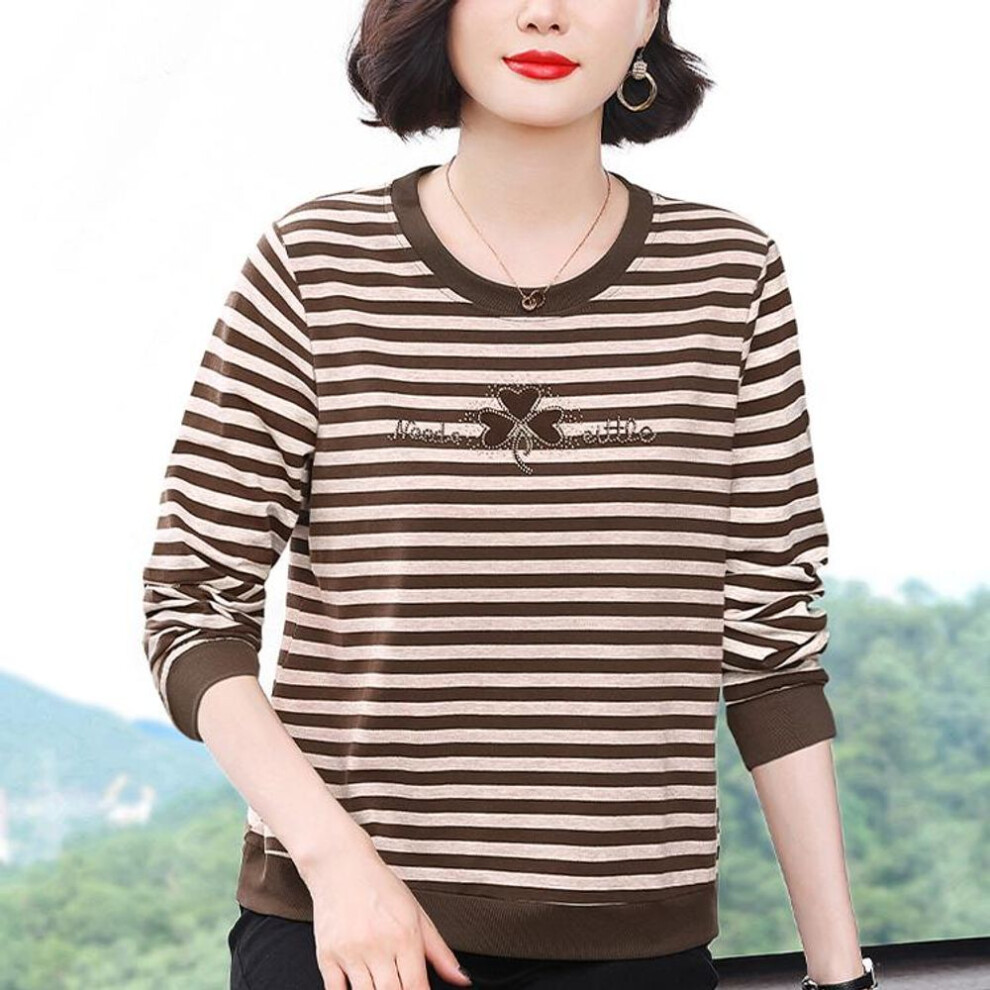 (4XL, dark brown) Women's Spring And Autumn T-shirts Loose Long-sleeved Bottoming Shirts 2 New Large Size Striped Round Neck Tops Trend