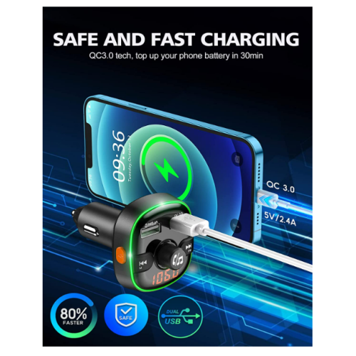 Bluetooth FM Transmitter, QC3.0, 2USB, Hands-Free, TF/USB, LED (Black) 1