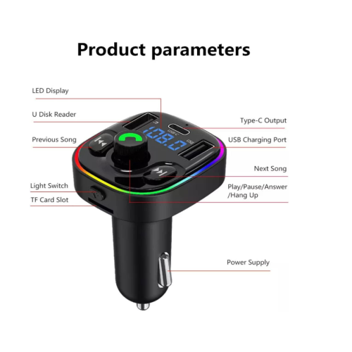 Bluetooth FM Car Transmitter, 2USB+Type-C, Hands-Free, TF/SD, LED (Black) 1
