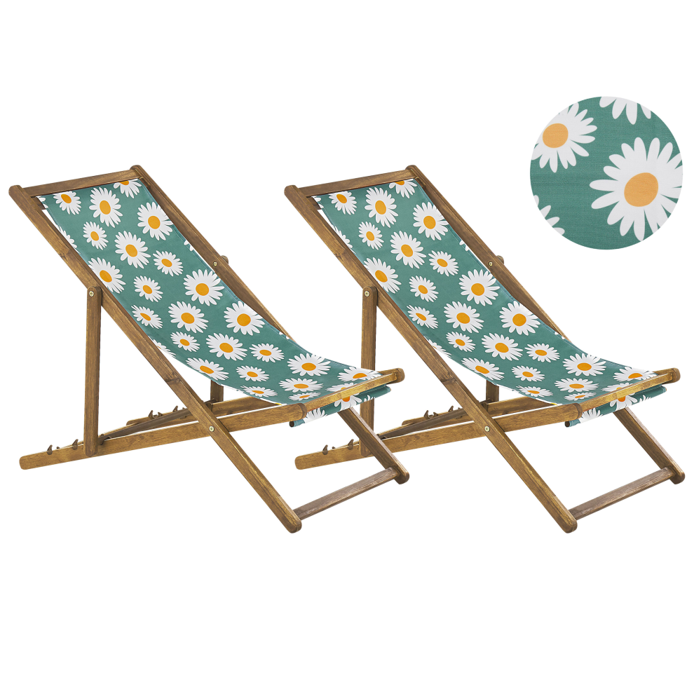 Set of 2 Folding Deck Chairs ANZIO with Replacement Fabrics Floral Motif Acacia Wood Light Brown