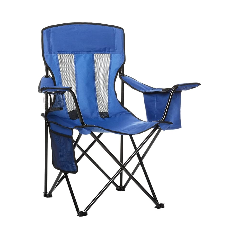 Amazon Basics Comfortable, Heavy Duty, Portable Camping Chair with 4-Can Cooler, Side Pocket, Cup Holder, and Carry Bag, Collapsible for Camping,