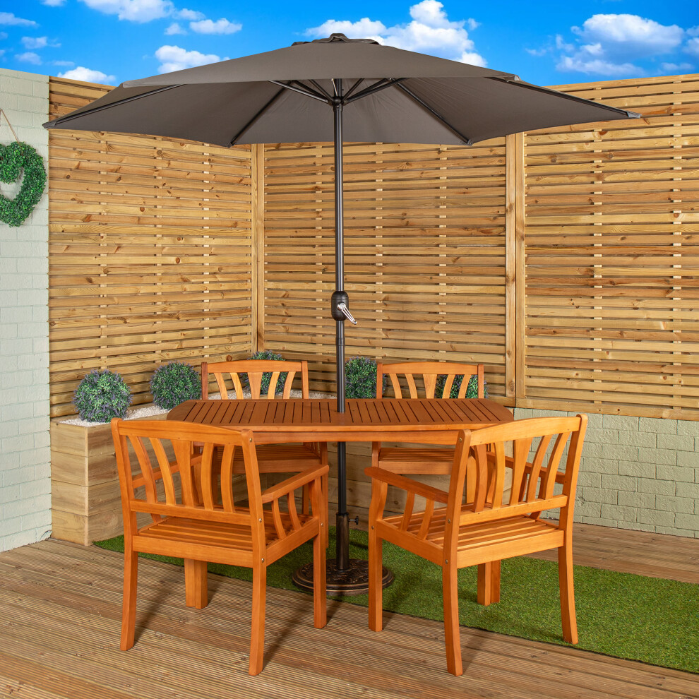 Outdoor 4 Person Rectangular Wooden Dining Table Chairs with Grey Havana Parasol & Base Set