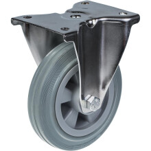 Roulette fixe Ø160 mm en acier inoxydable, roue caoutchouc gris, capacité 135 kg, plaque 138x116 mm