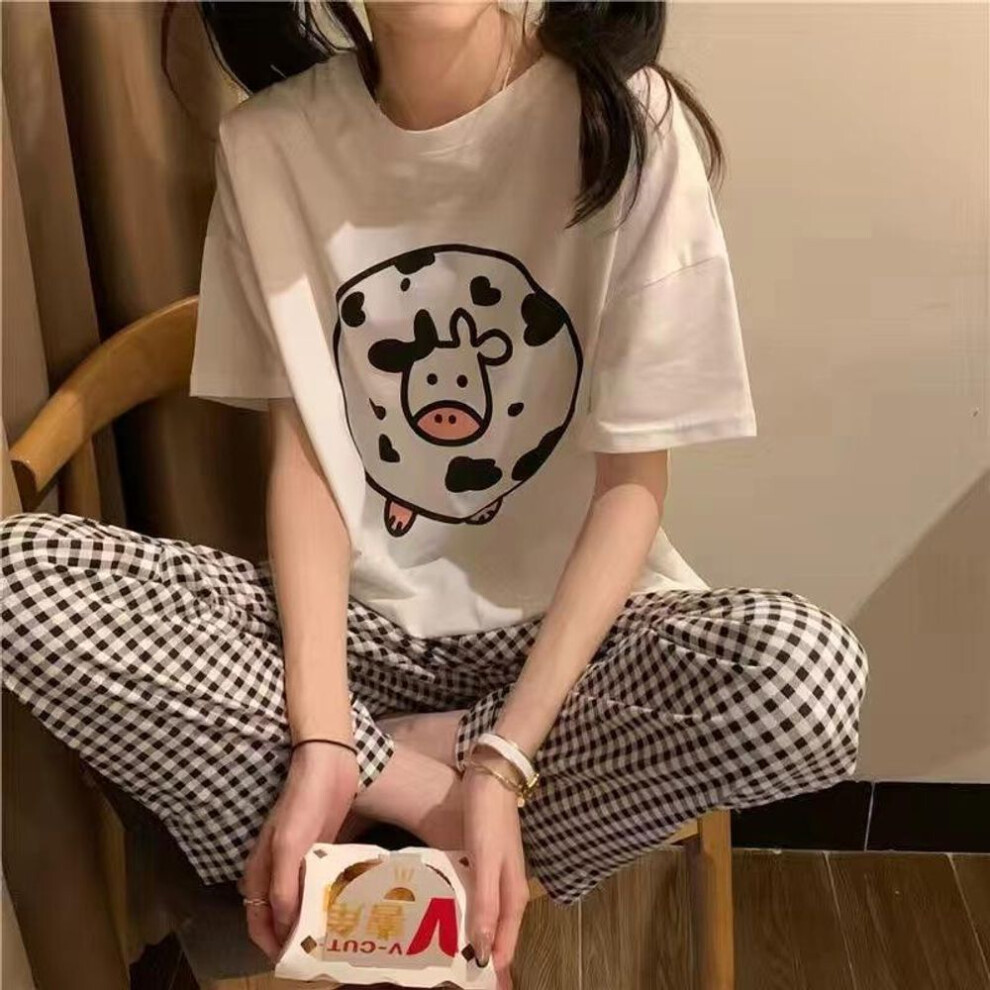 (XL, pink) Ladies Summer Pajamas Loungewear Set Korean Spring And Autumn Students Cute Thin Loose Pajamas Loungewear Set Plus Size Cartoon