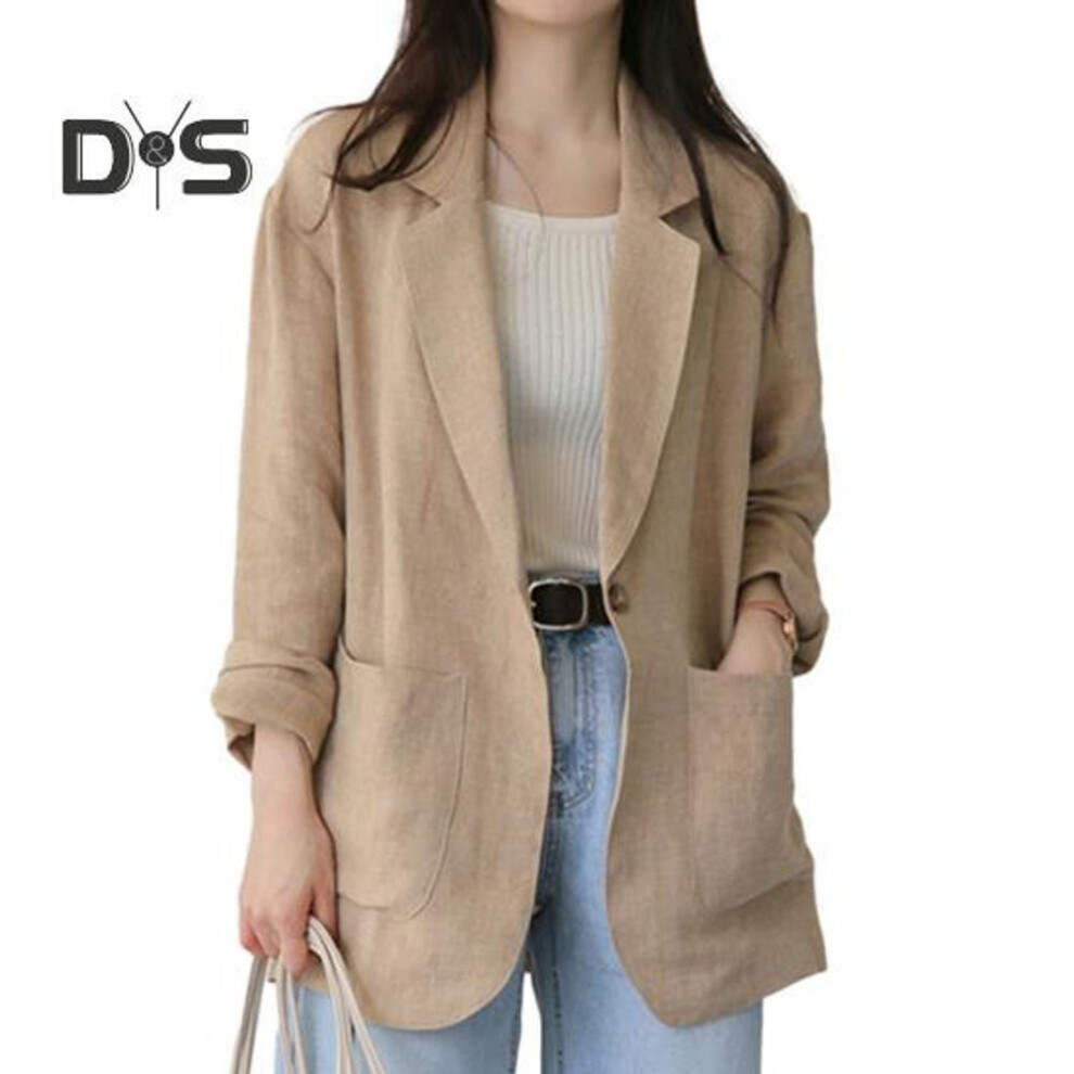 (brown, XL) Korean Style Women Lapel Long Sleeve Suit Coat Pockets Design Single Button Solid Color Loose Fit Thin Blazer Workwear