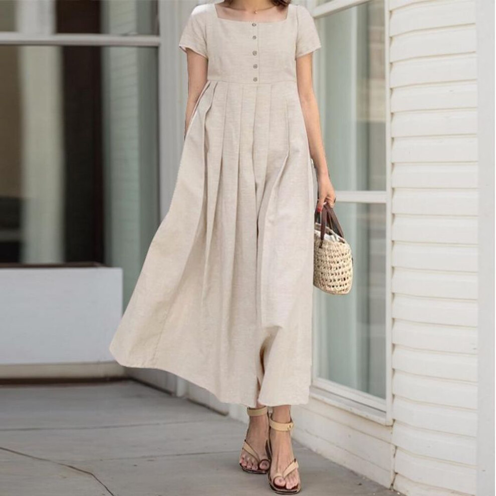 (beige, 5XL) Zanzea Women Casual Square Collar Loose Summer Short Sleeve Dress