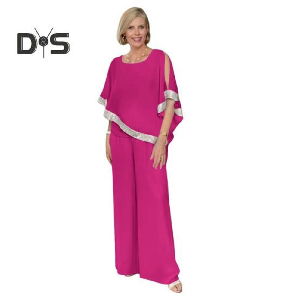 (rose red, L) 2 Pcs/set Women Top Pants Set Hollow Out Bat Sleeve Irregular Hem Sequin Round Neck Blouse Wide Leg Contrast Color Trousers Commute Daily Outfit