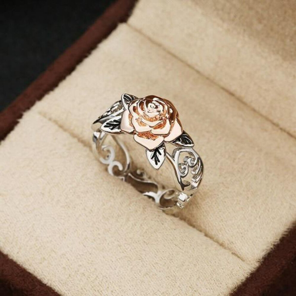 (Size 10) 14k Rose Gold Plated Flower Ring - Retro European 925 Silver Engagement Ring