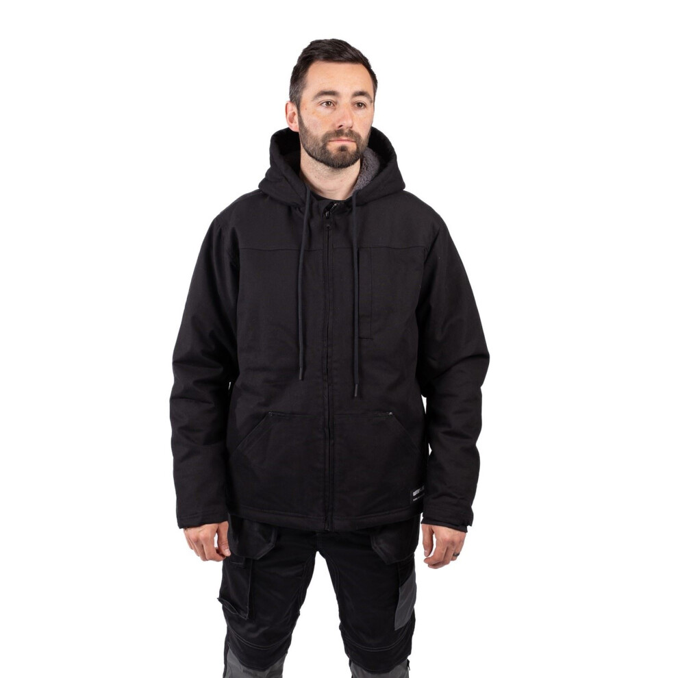 (Black, L) Caterpillar Hooded Sherpa Lined Men's Black Fleece Jacket