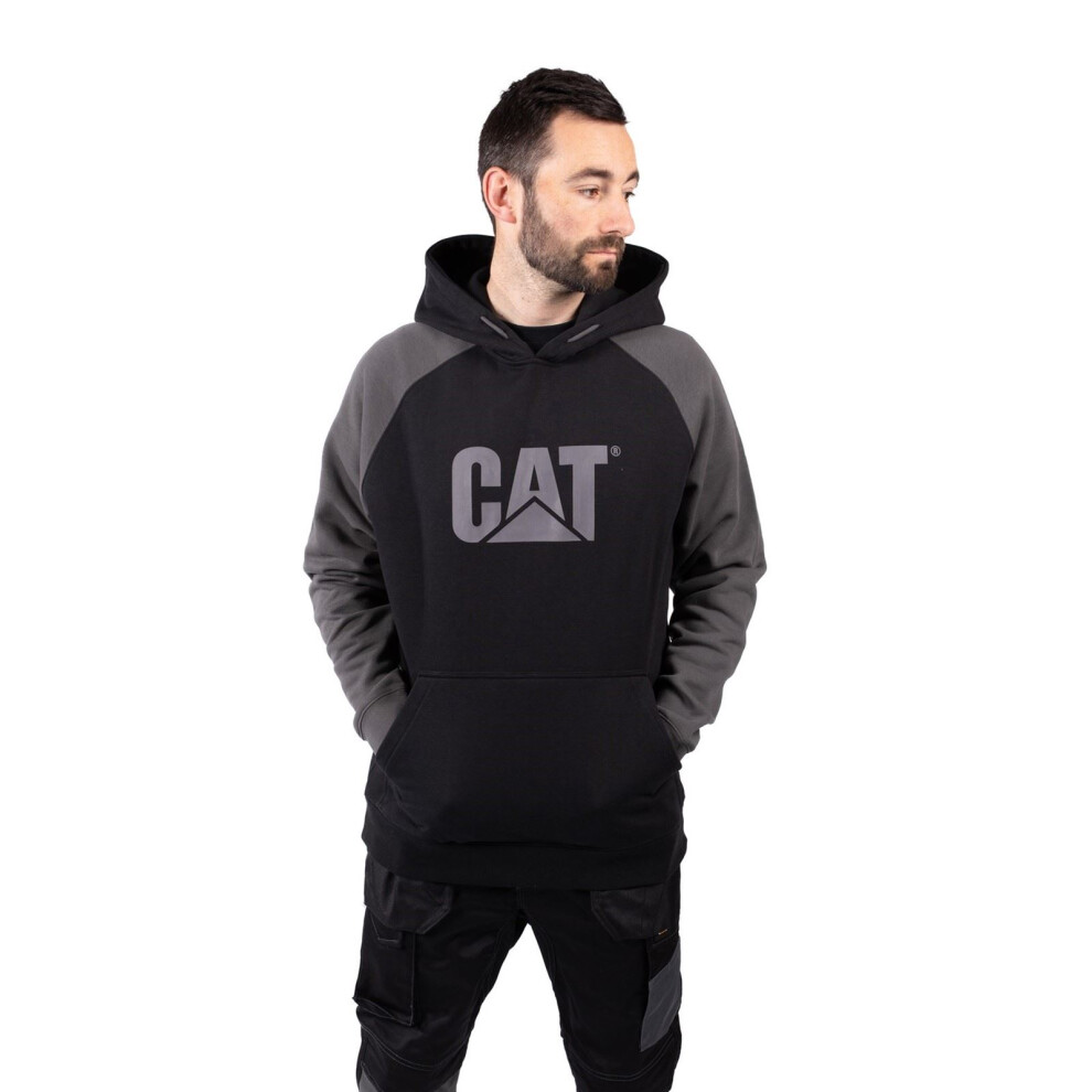 Cat (Black, S) Caterpillar Raglan Cotton Men's Black Hooded Sweatshirt