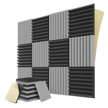 Pacote com 12 painéis de espuma à prova de som com adesivo, 1x12x12 pol., parede acústica à prova de som para jogos e estúdio, preto e cinza