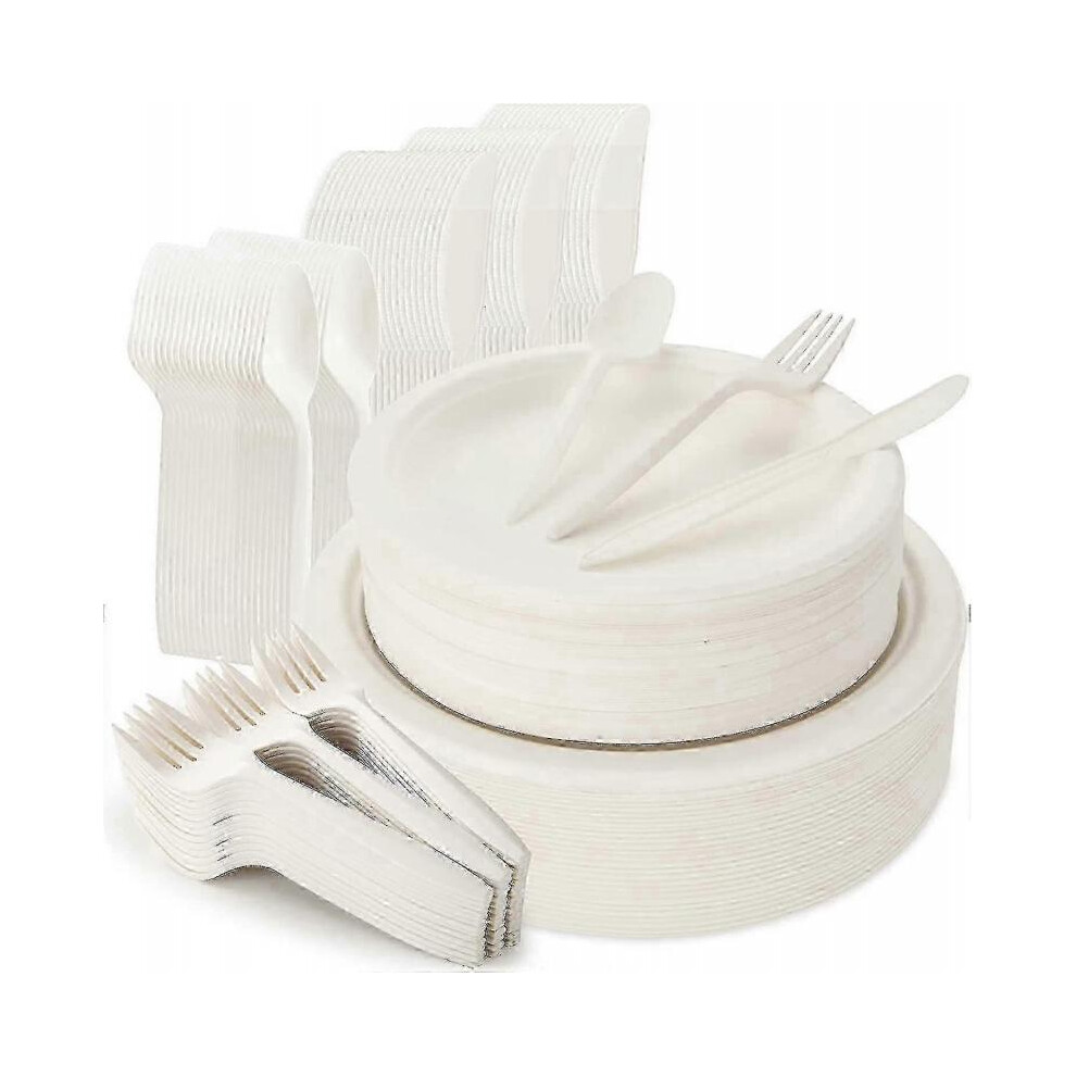 Compostable Disposable Plates and Cutlery Set 250pcs, Biodegradable Bagasse Tableware Kit with 7" & 9" Plates, Forks, Knives, Spoons