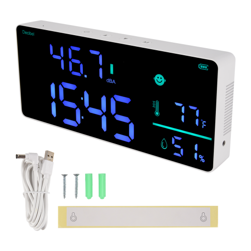 Medidor de decibel para parede, nível sonoro, alcance de 30-130 dB, display LED grande de 8,6 polegadas, ruído, tempo e temperatura 2