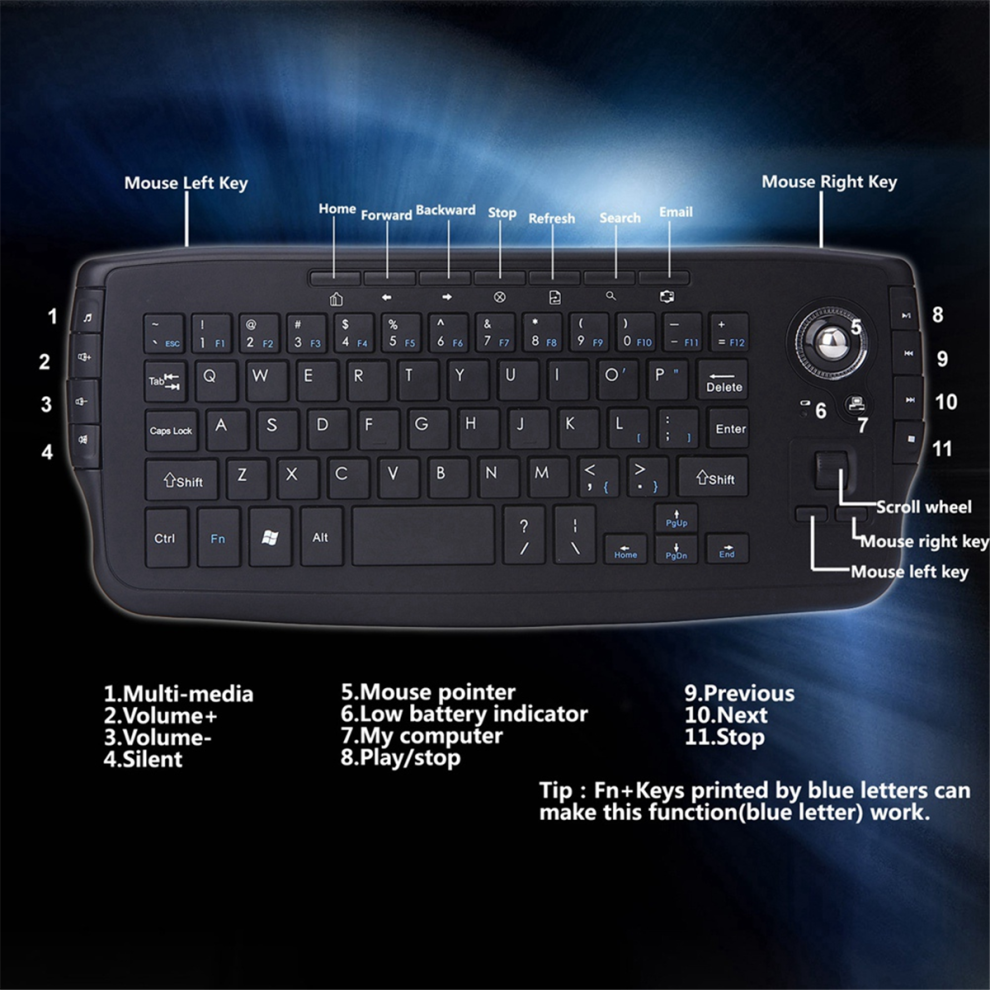 2.4G Wireless Ergonomic Mini Keyboard Gaming With 15 Multimedia Keys And Trackball 4852404175244