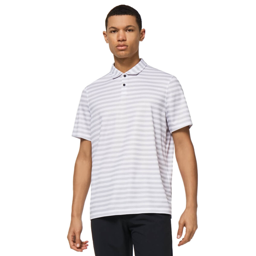 (L, White) Oakley Mens 2021 Step Shade Stripe RC Hydrolix Moisture Wicking Polo Shirt