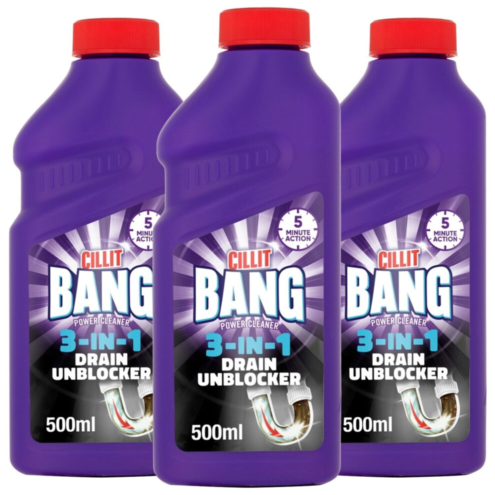 3 x Cillit Bang Drain & Sink 3 In 1 Unblocker Power Cleaner Odour Stop Gel 500ml