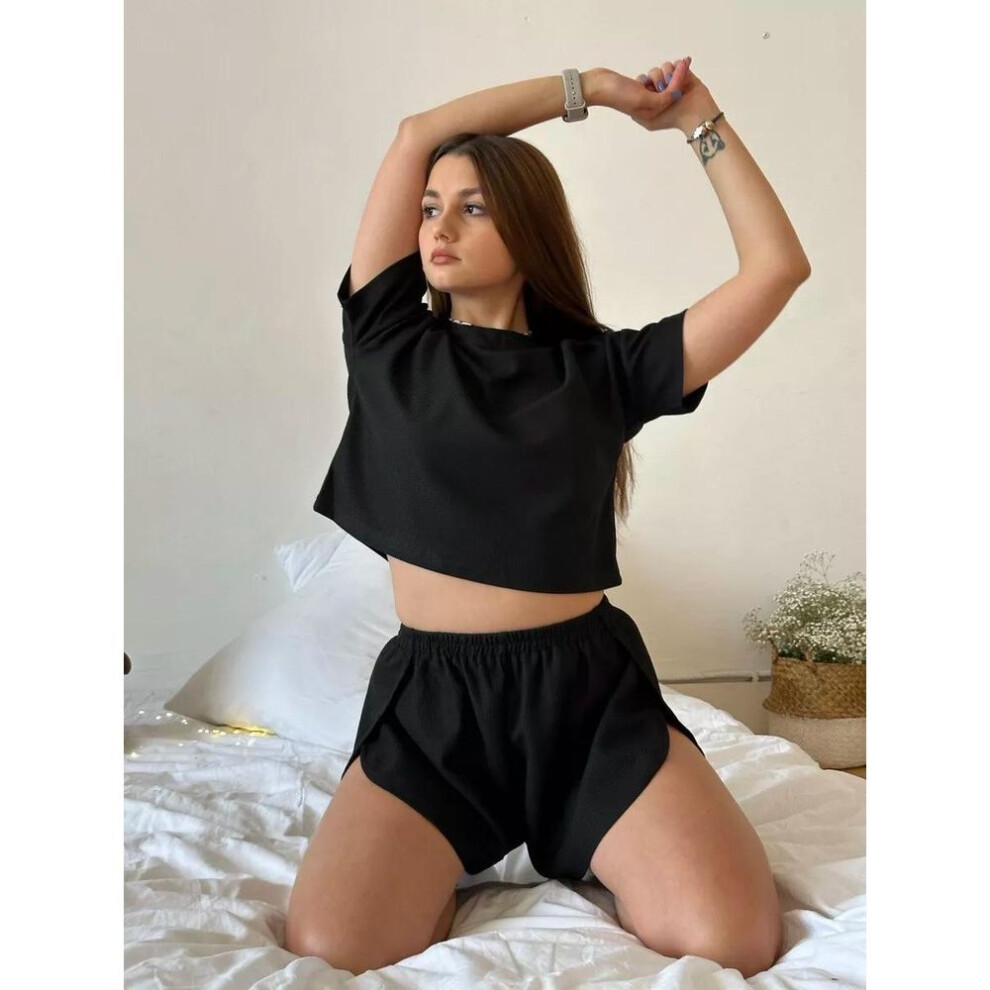 (S, black) "women's Cross-border Pajamas: Pit Stripe, Round Neck, Short Sleeve Top With Elastic Waistband And Slit Shorts