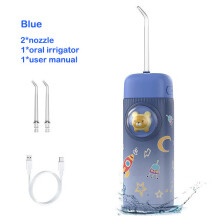 Mini irrigador bucal eléctrico portátil para niños, inalámbrico, azul con 2 boquillas, para limpieza dental.