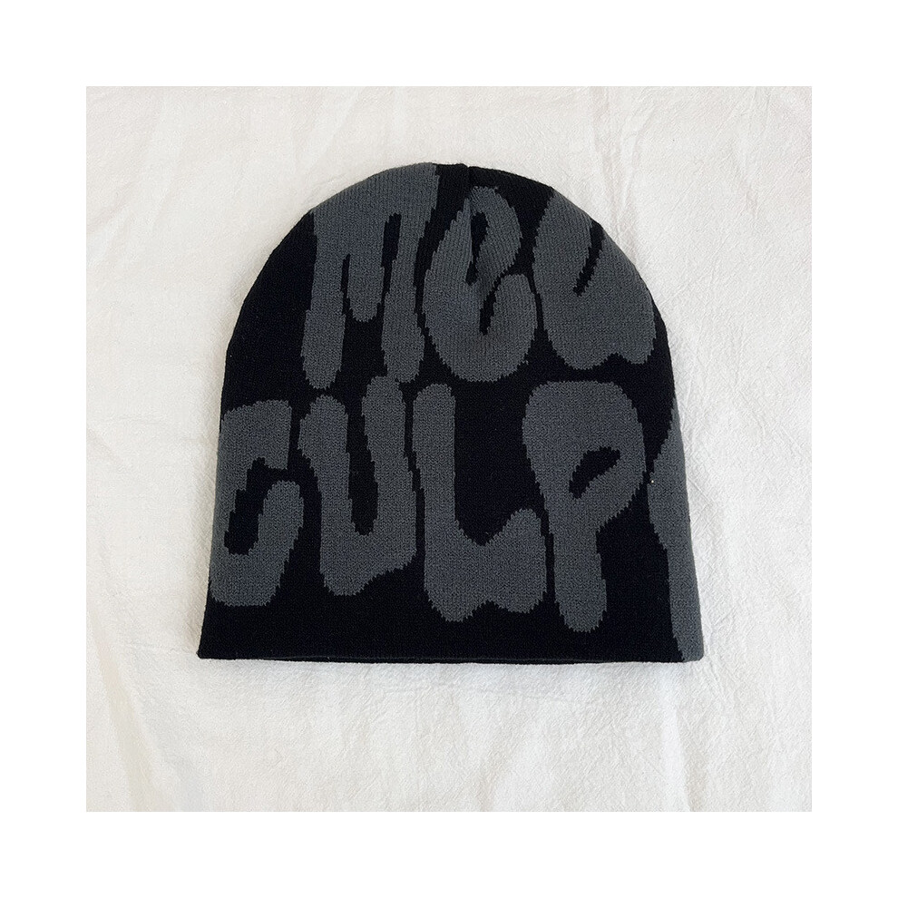 (BlackGray) Letter Yarn Cap Beanie Adult Warm Knitted Hat For Casual Daily Style Use Street-image-OPC-PHFD5VS-NEW