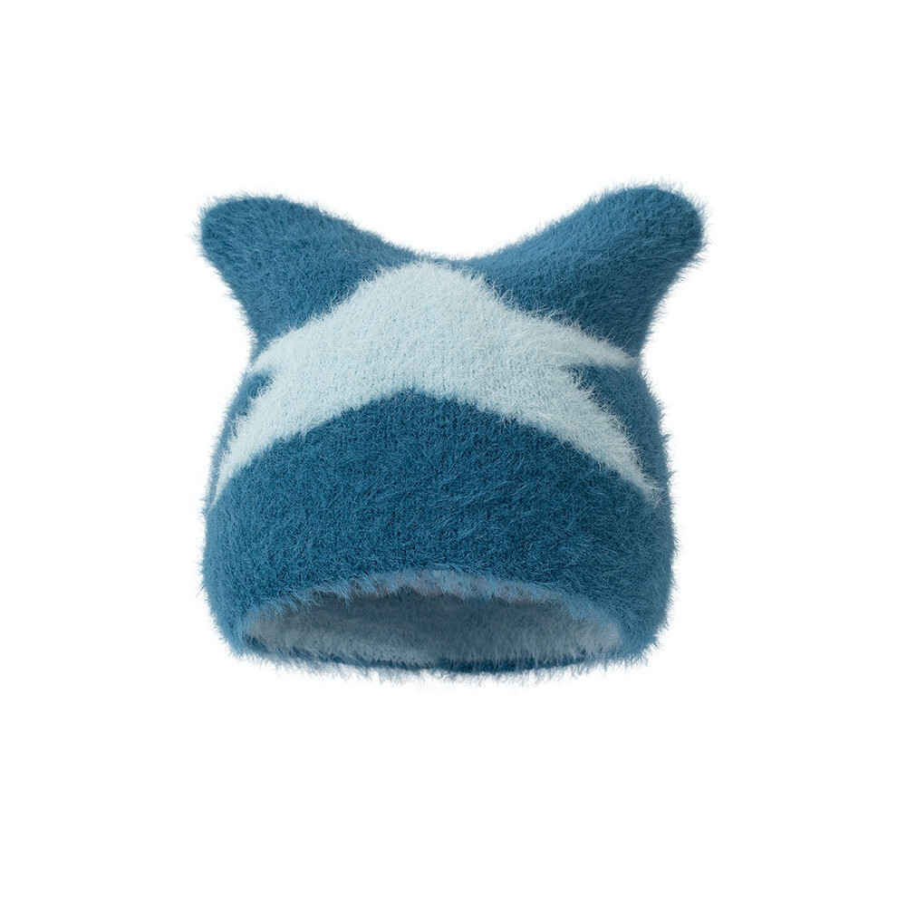 (Dark Blue) Faux Star Pattern Mink Knit Hat With Cat Ears Fashion Autumn Women Winter Hat-image-OPC-PHFD68M-NEW