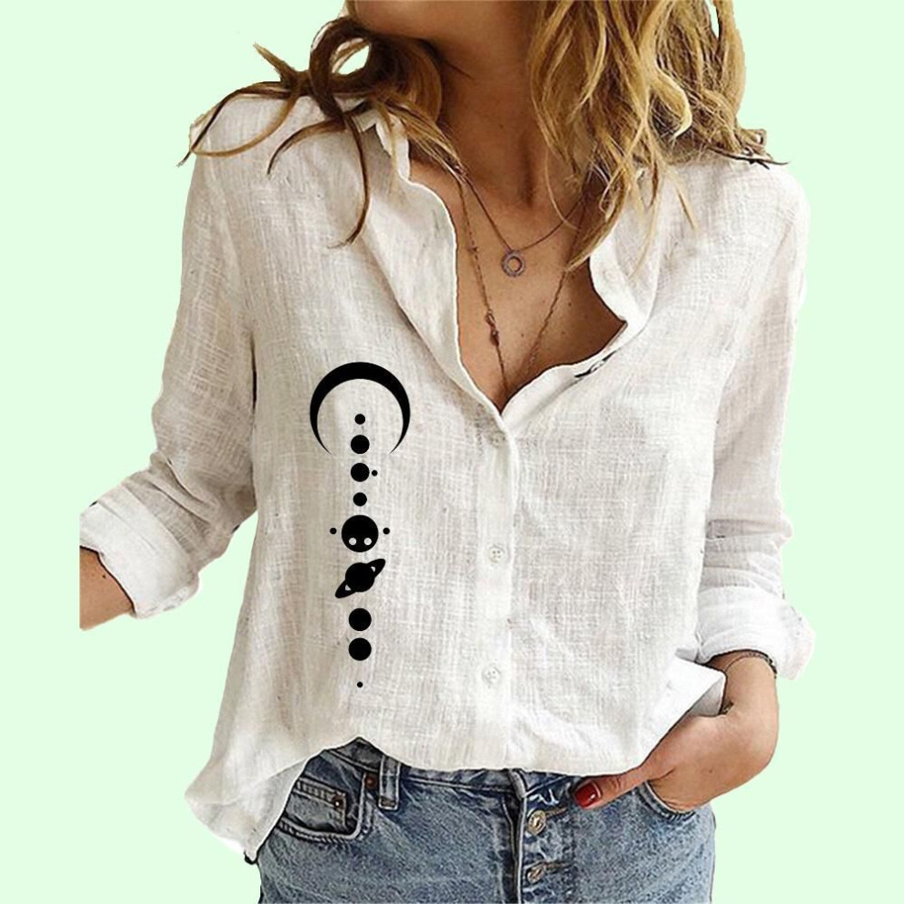 (S, white) Women Fashion Stand-collar Blouse Summer&fall Print Long Sleeve Cotton Linen Top Ladies Casual Buttoned Shirt