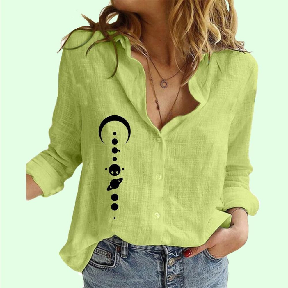 (4XL, green) Women Fashion Stand-collar Blouse Summer&fall Print Long Sleeve Cotton Linen Top Ladies Casual Buttoned Shirt
