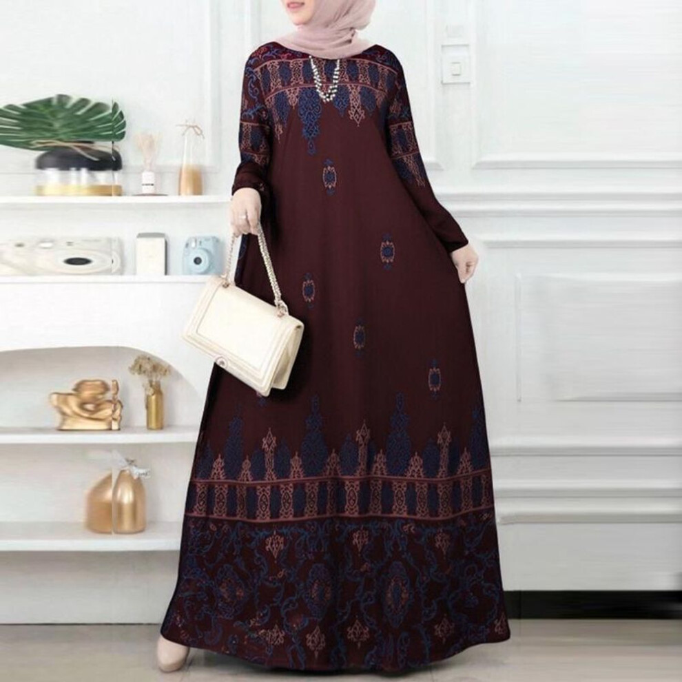 (3XL, wine red) Zanzea Women Casual Round Neck Long Sleeve Print Muslim Long Dress