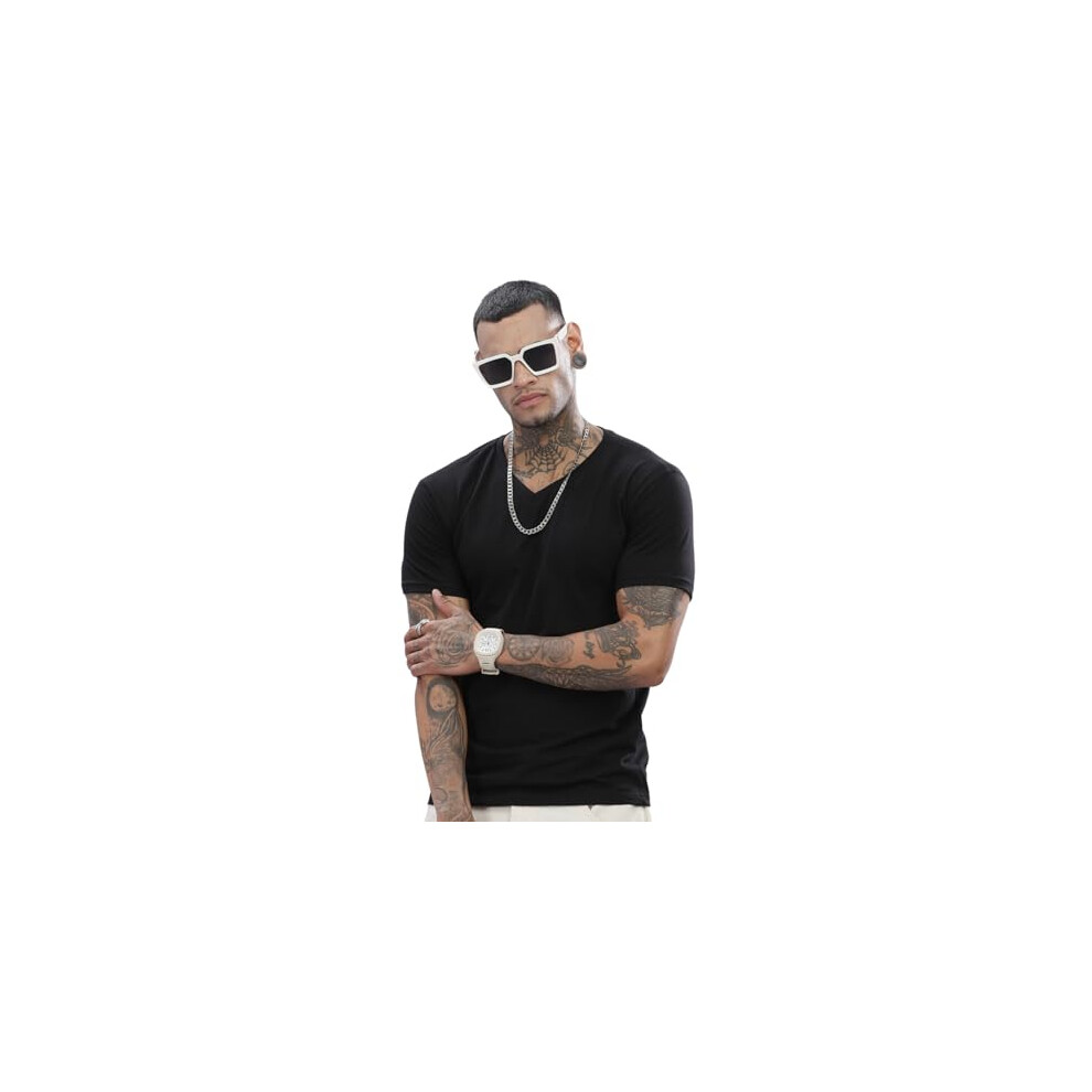 T-Shirt Da Uomo Adro In Cotone Tinta Unita Con Scollo A V (Vn-M-Pln-Bl_Nero_M)