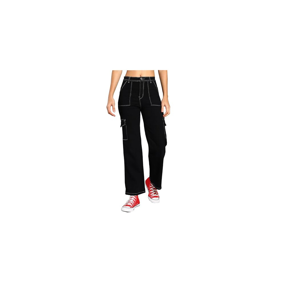 Jean cargo extensible en coton m  lang   noir pour femme (Jean_1453_BLK_30_Black_30)