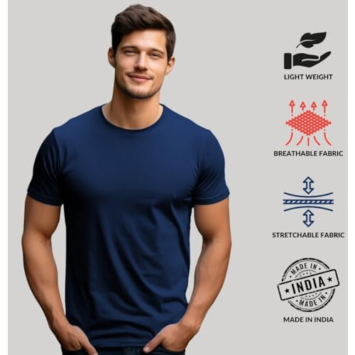 ADRO Heren Solid Regular Fit T-shirt (RCM2-PLN-NB-SB_Navy,Teal 1