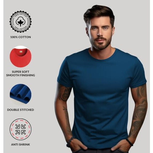 ADRO Heren Solid Regular Fit T-shirt (RCM2-PLN-NB-SB_Navy,Teal 2